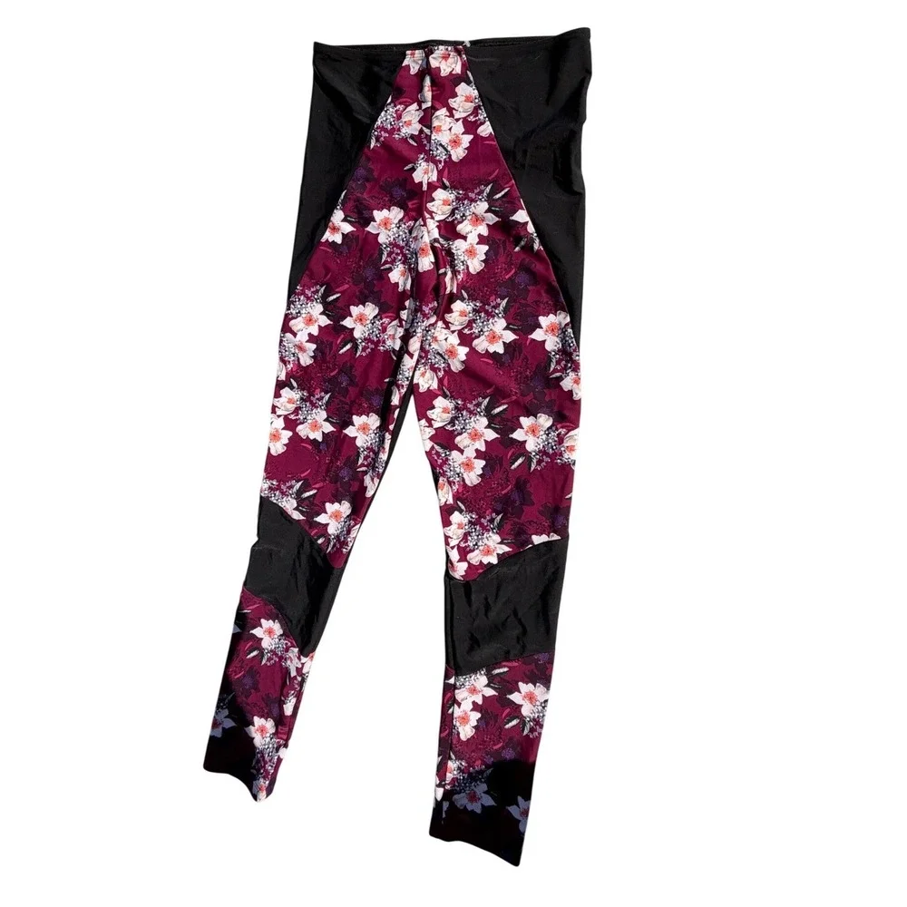 Zinke Anthropologie Floral Rash Guard Set Wrap Crop Top Swim Leggings Burgundy